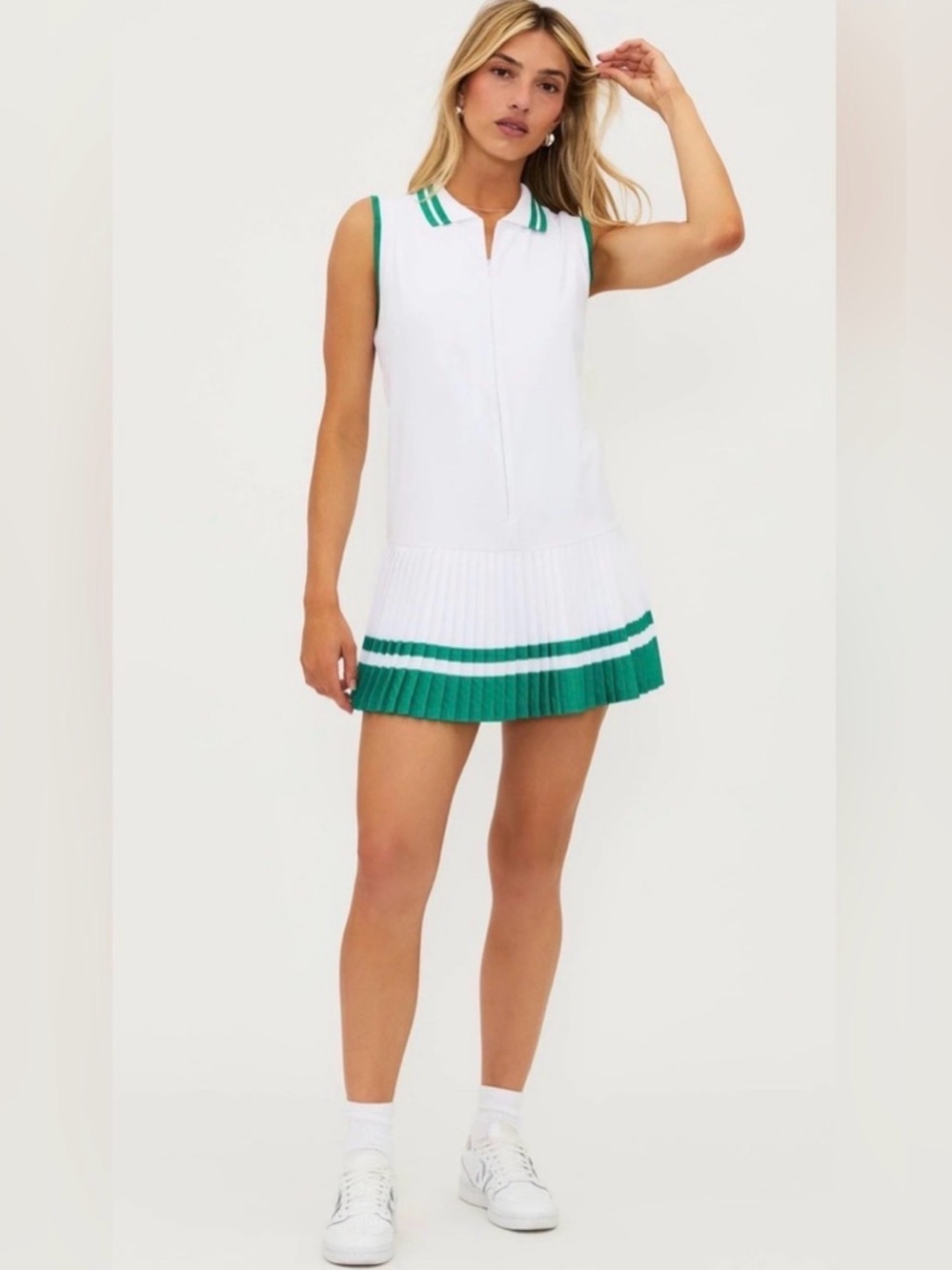 BEACH RIOT SPORT Courtside White & Green Athletic Pleated Dress - L - EUC